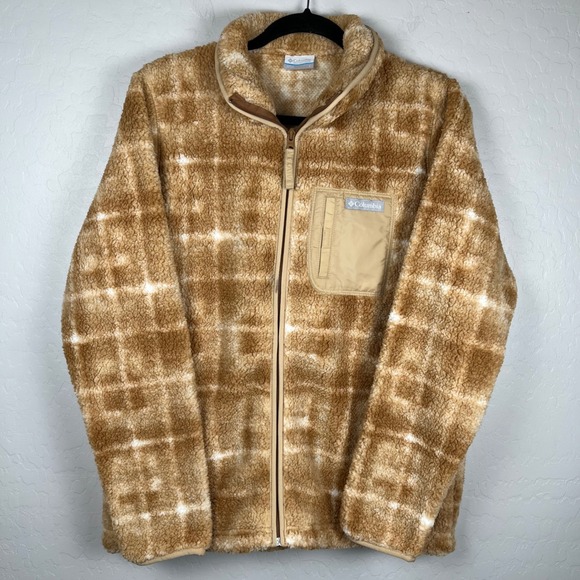 NWT‎ Columbia Womens Fleece Jacket L Brown Plaid Full Zip Sherpa Cozy Warm - Picture 1 of 8